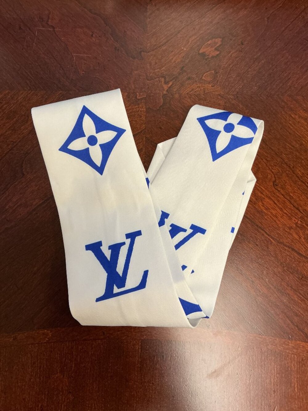 Boutique LV-Inspired Silk Skinny Scarf / Tie – Blue & White Monogram Print